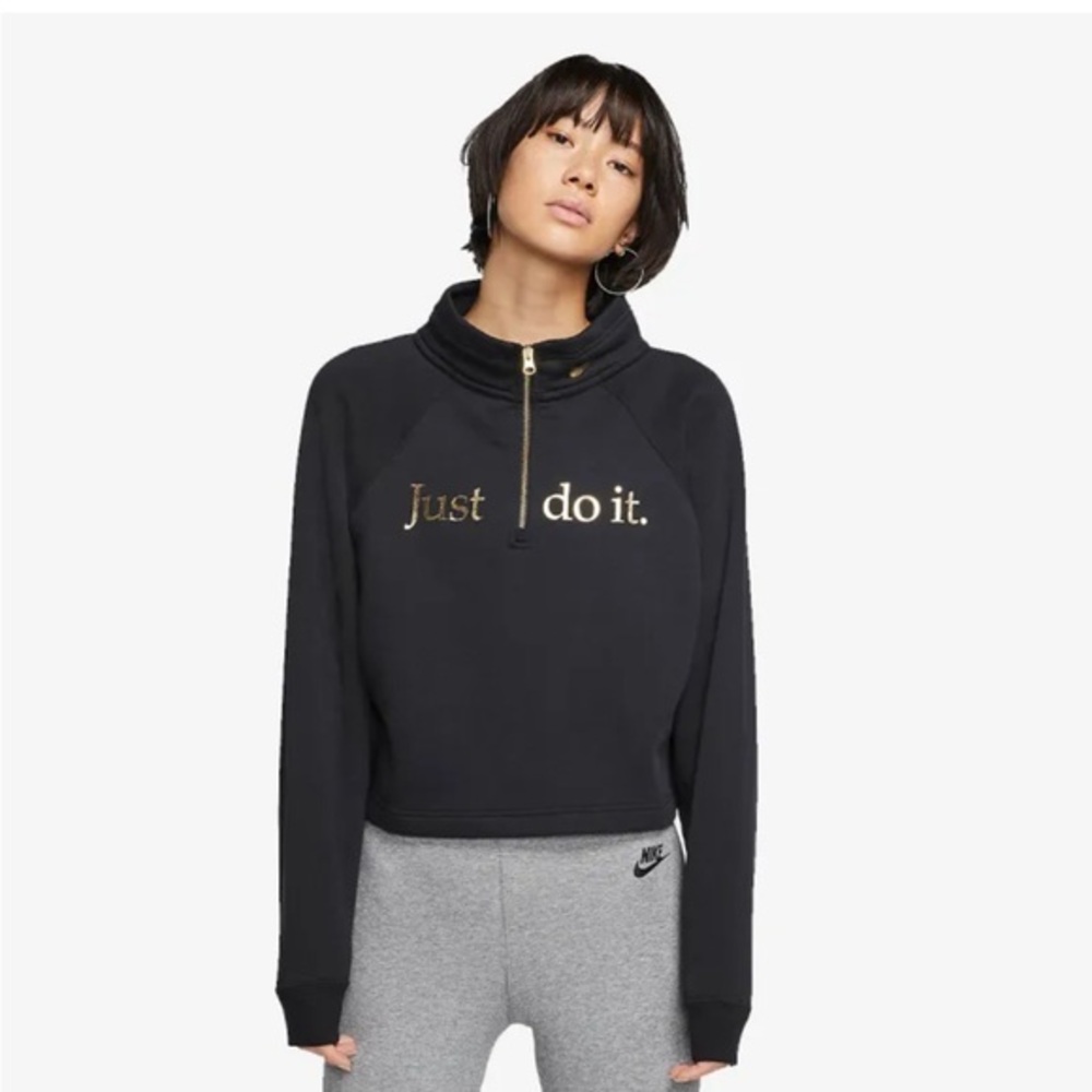 Nike Black & Gold Logo Quarter Zip Cropped Sweatshirt Size Extra Small Cotton